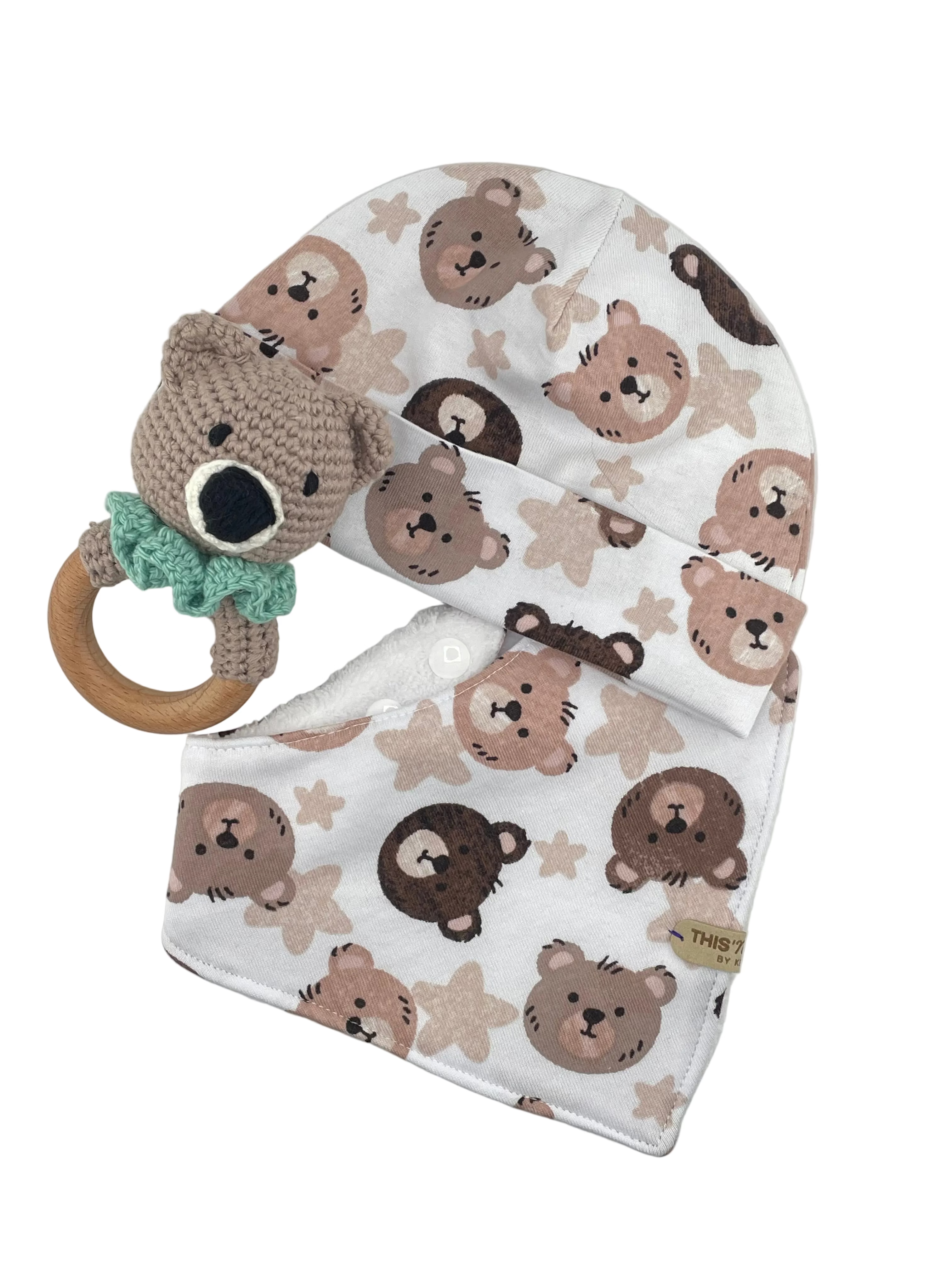 Bib, Beanie and Rattle - Teddy Bear